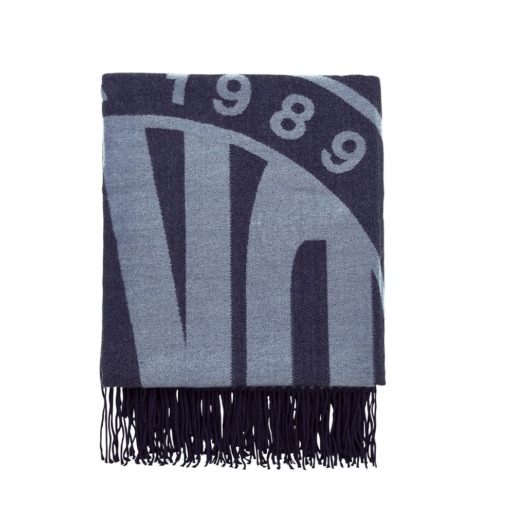 Token Logo Woven Jacquard Fringed Throw by DKNY in Blue